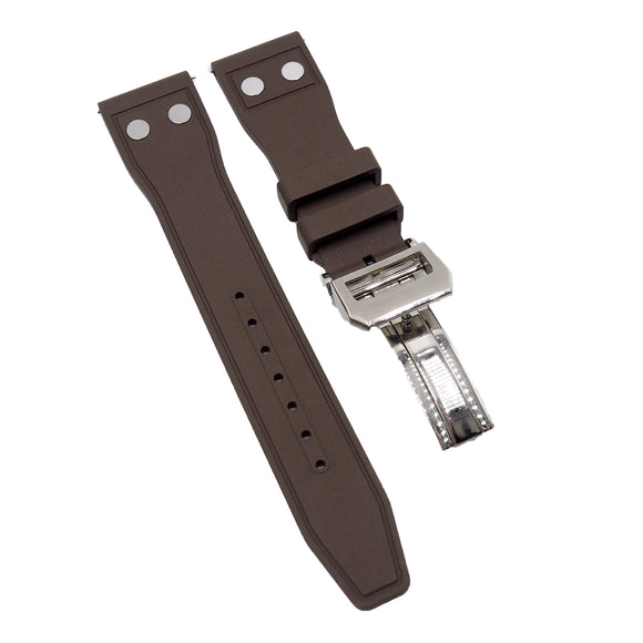 20mm, 21mm, 22mm Pilot Style Brown FKM Rubber Watch Strap For IWC, Rivet Lug, Semi Square Tail, Quick Release Spring Bars