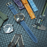 22mm, 24mm Italy Art Jeans Calf Leather Watch Strap, Blue, White Stitching For Panerai