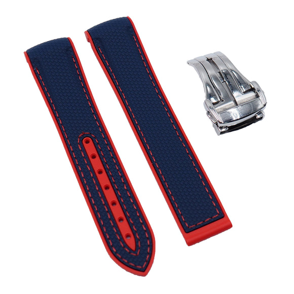 20mm Nylon Grain Dual Color Navy Blue and Red Curved End Rubber Watch Strap For Omega