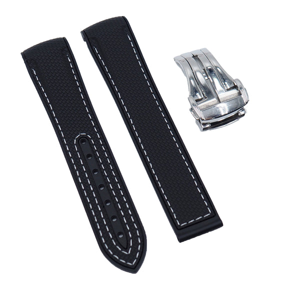20mm Nylon Grain Black Curved End Rubber Watch Strap, White Stitching For Omega