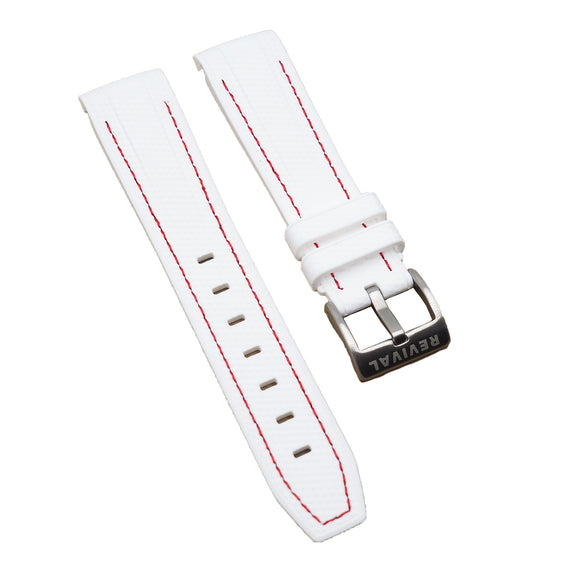 20mm Curved End Nylon Grain White Rubber Watch Strap w/ Red Stitching For Rolex, Omega and MoonSwatch