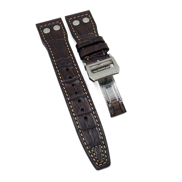 21mm Pilot Style Walnut Brown Alligator Leather Watch Strap For IWC, Cream Stitching, Rivet Lug, Semi Square Tail