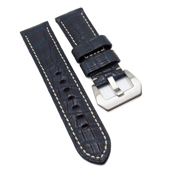 22mm, 24mm, 26mm Navy Blue Alligator Leather Watch Strap For Panerai, Cream Stitching, Small Scale Pattern