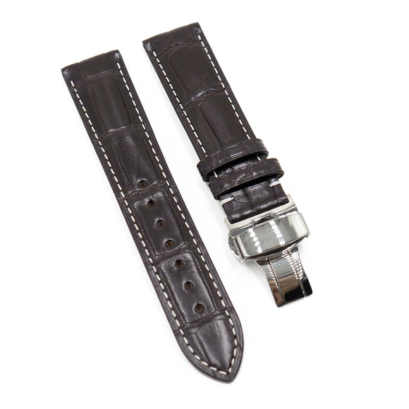 18mm, 19mm, 20mm, 21mm, 22mm Dark Brown Alligator Leather Watch Strap, White Stitching