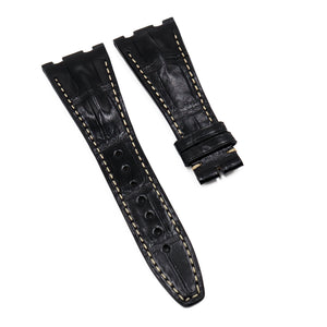 28mm Black Alligator Leather Watch Strap, Cream Stitching For Audemars Piguet Royal Oak Offshore