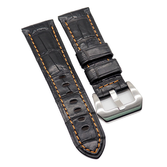 22mm, 24mm, 26mm Black Alligator Leather Watch Strap For Panerai, Orange Stitching