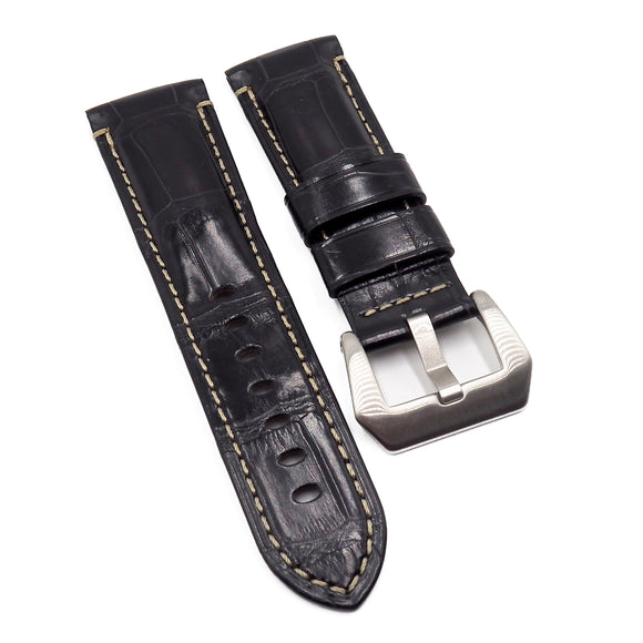 22mm, 24mm, 26mm Black Alligator Leather Watch Strap For Panerai, Cream Stitching