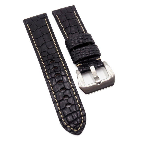 22mm, 24mm, 26mm Black Alligator Leather Watch Strap For Panerai, Cream Stitching, Small Scale Pattern