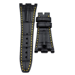 28mm Black Alligator Leather Watch Strap, Yellow Stitching For Audemars Piguet Royal Oak Offshore