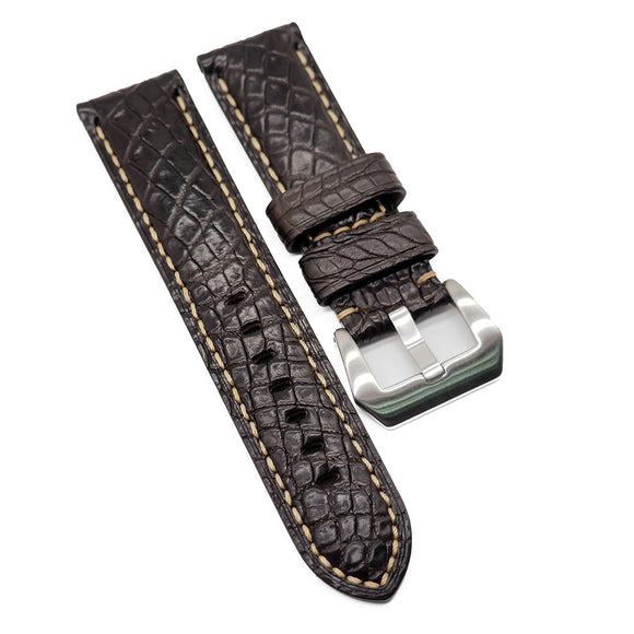 22mm, 24mm, 26mm Dark Brown Alligator Leather Watch Strap For Panerai, Cream Stitching, Small Scale Pattern