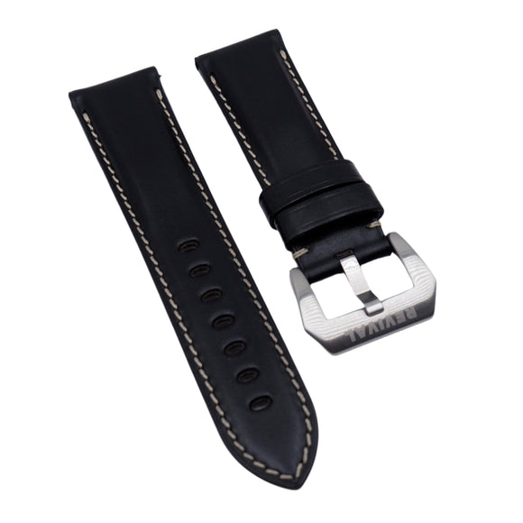 22mm, 24mm Black Chromexcel Horween Leather Watch Strap, Cream Stitching For Panerai