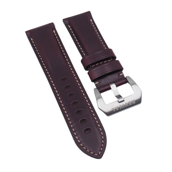 22mm, 24mm Burgundi Red Chromexcel Horween Leather Watch Strap, Cream Stitching For Panerai