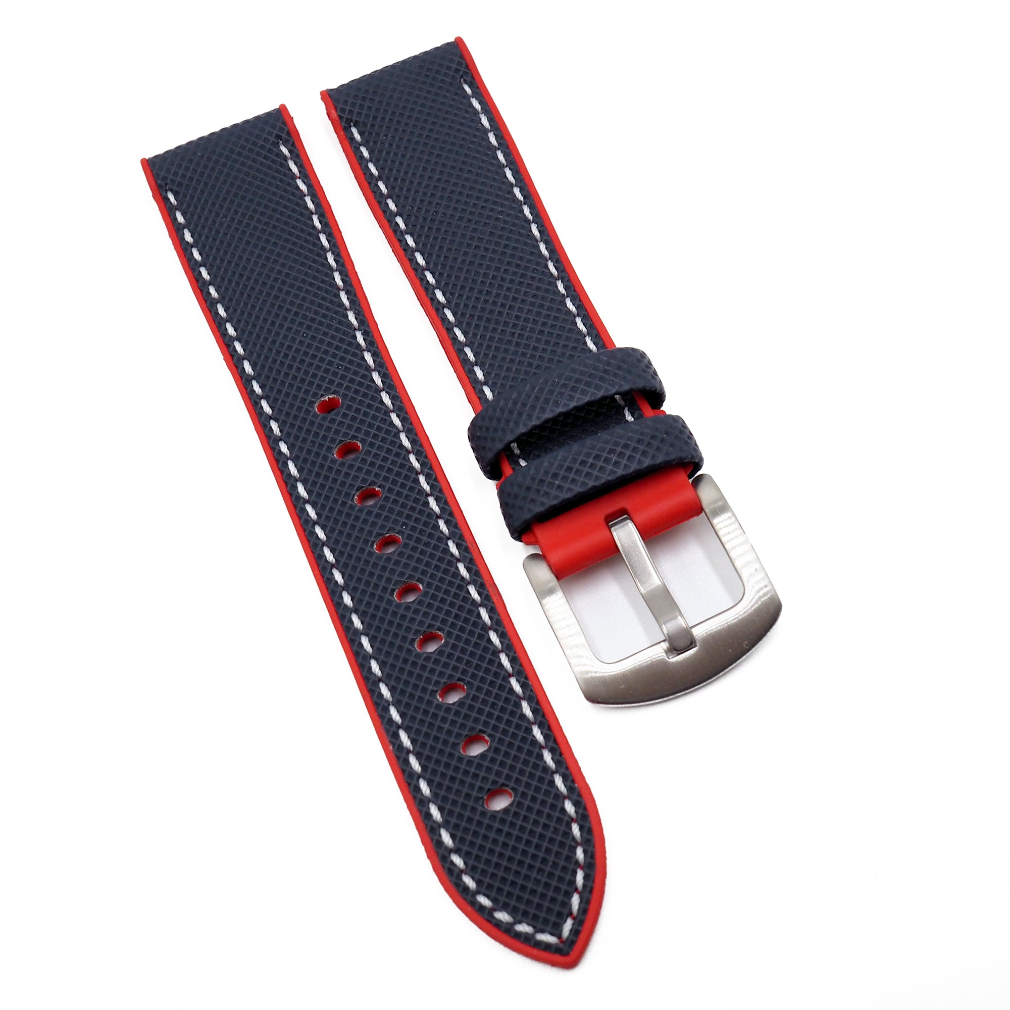 Red and Navy Leather Watch Strap with White Accent. Size 1 Red Leather Watch Band White Contrast Stitching Extra Loop  main image 3