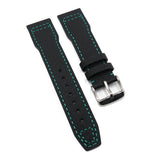 20mm, 21mm Pilot Style Black Sailcloth Watch Strap For IWC, Aqua Blue Stitching, Semi Square Tail