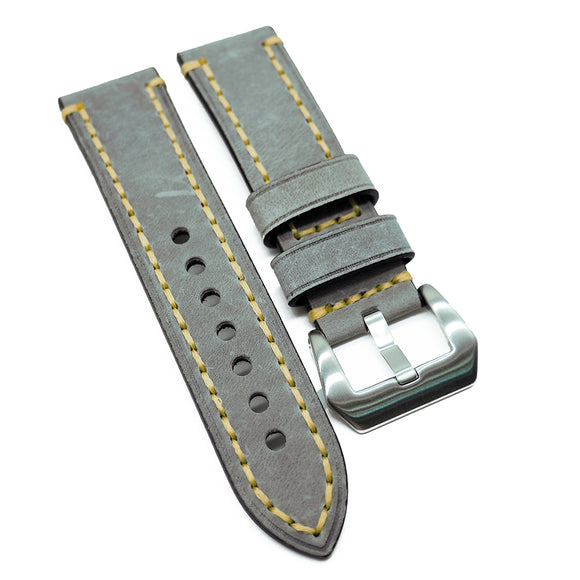 23mm Pewter Gray Calf Leather Watch Strap, Wide Stitching