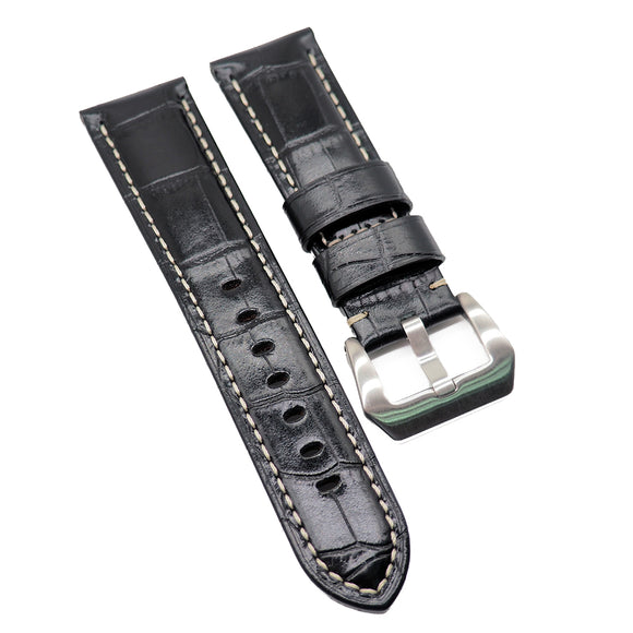 24mm Black Alligator Embossed Calf Leather Watch Strap For Panerai, Two Length Size