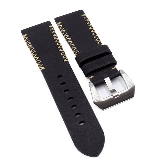 26mm Black Matte Calf Leather Watch Strap For Panerai, M Pattern Stitching