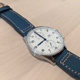 20mm, 21mm, 22mm Pilot Style Yale Blue Calf Leather Watch Strap For IWC, Semi Square Tail