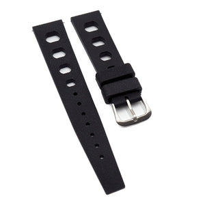 20mm Rally Style Retro Large Holes Black FKM Rubber Watch Strap, Quick Release Spring Bars
