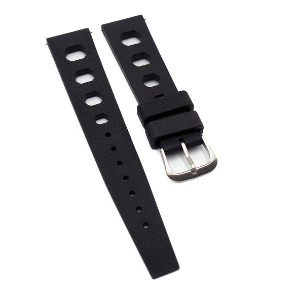 20mm Rally Style Retro Large Holes Black FKM Rubber Watch Strap, Quick Release Spring Bars
