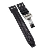 22mm Pilot Style Black Weave Pattern Calf Leather Watch Strap For IWC, Rivet Lug, Semi Square Tail