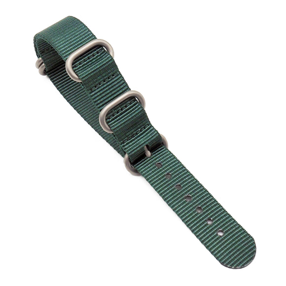 18mm, 24mm 5 Rings Zulu Military Style Pine Green Nylon Watch Strap