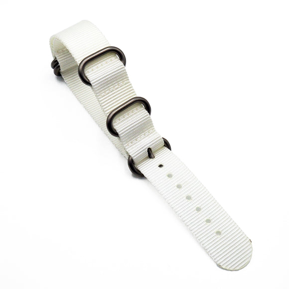 18mm, 24mm 5 Rings Zulu Military Style White Nylon Watch Strap