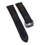 21mm Racing Style Curved End Black Calf Leather Watch Strap For Omega, Black Stitching