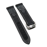21mm Racing Style Curved End Black Calf Leather Watch Strap For Omega, White Stitching