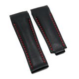 20mm Curved End Black Calf Leather Watch Strap For Rolex, Red Stitching