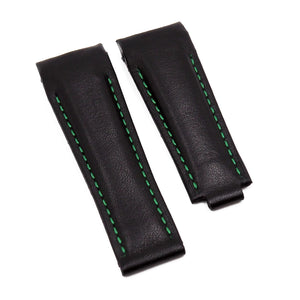 20mm Curved End Black Calf Leather Watch Strap For Rolex, Green Stitching