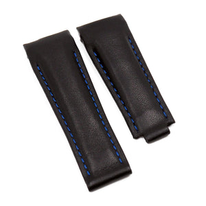 20mm Curved End Black Calf Leather Watch Strap For Rolex, Blue Stitching