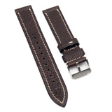 19mm Italy Chocolate Brown Litchi Grain Calf Leather Watch Strap, Handmade Stitching