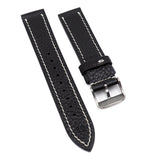 19mm Italy Black Litchi Grain Calf Leather Watch Strap, Handmade Stitching