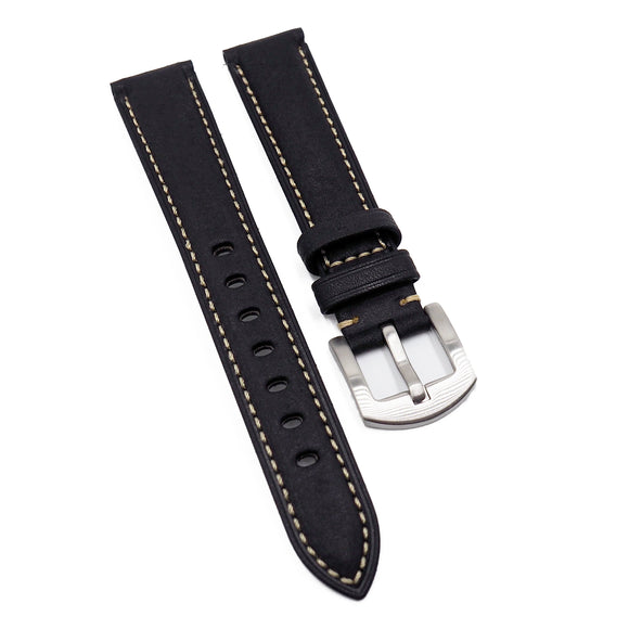 18mm, 20mm Black Aging Calf Leather Watch Strap