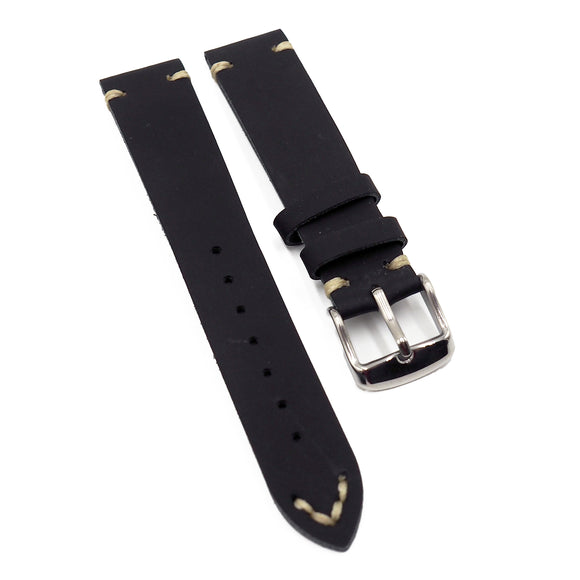 18mm, 20mm, 22mm Vintage Style Black Plasticized Calf Leather Watch Strap