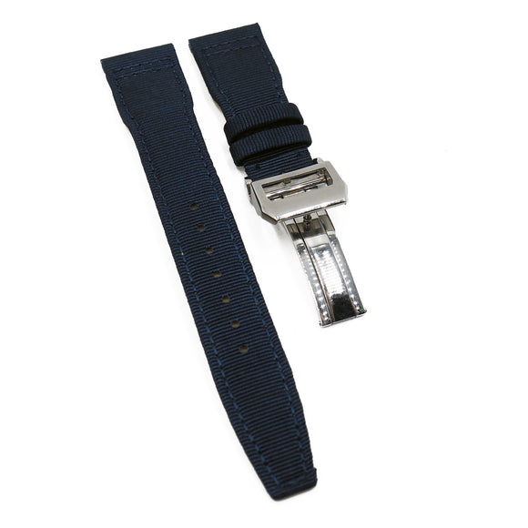 21mm Pilot Style Horizontal Grain Denim Blue Canvas Watch Strap For IWC, Semi Square Tail