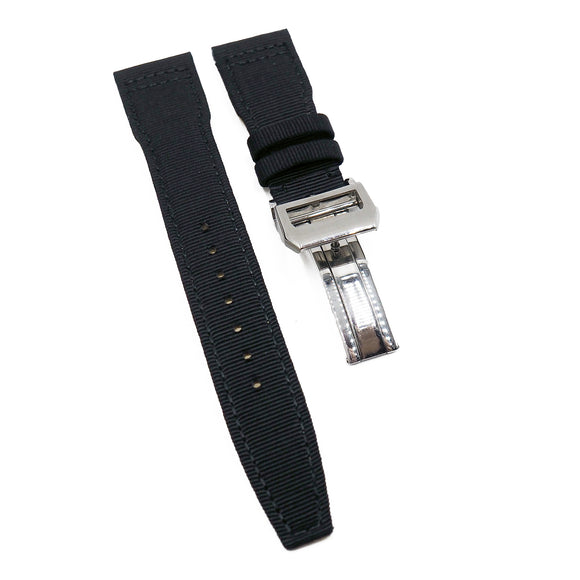 21mm Pilot Style Horizontal Grain Black Canvas Watch Strap For IWC, Semi Square Tail
