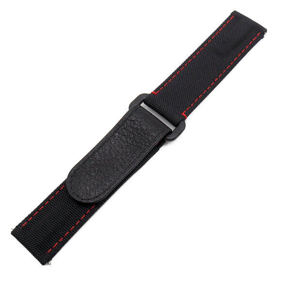 20mm Black Nylon Watch Strap For Rolex, Red Stitching, Velcro Style