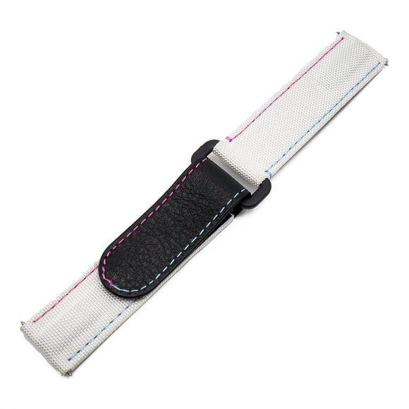 20mm White Nylon Watch Strap For Rolex, Pink and Blue Stitching, Velcro Style