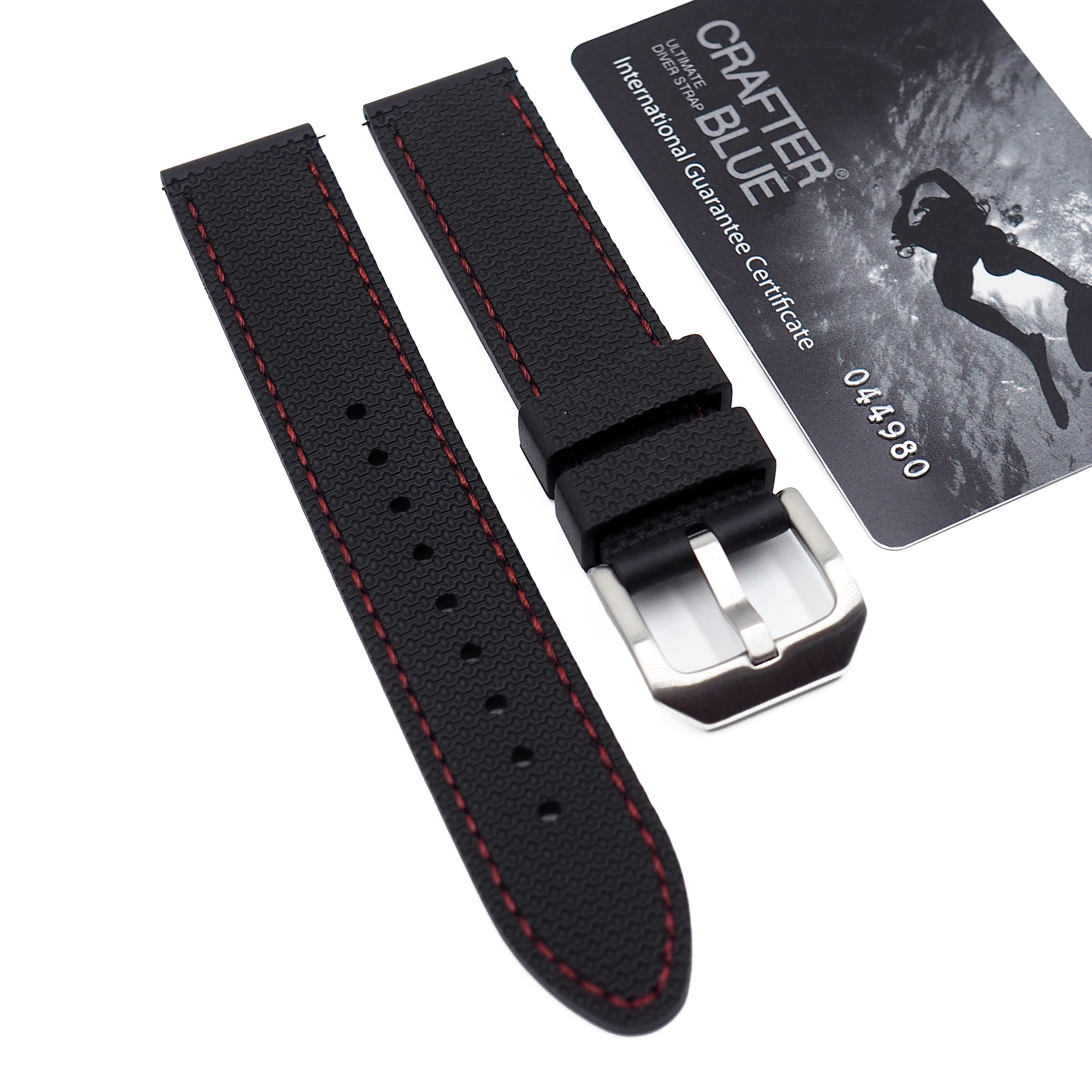 Crafter Blue 22mm Straight End Performance FKM Rubber Strap (UX05) Red with Black Thread / Stainless Steel