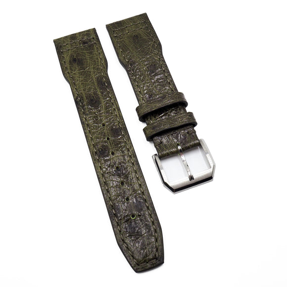 21mm Pilot Style Olive Green Ostrich Leather Watch Strap For IWC, Semi Square Tail