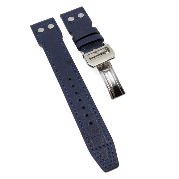 22mm Pilot Style Denim Blue Ostrich Leather Watch Strap For IWC, Rivet Lug, Semi Square Tail
