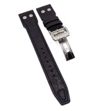 22mm Pilot Style Black Ostrich Leather Watch Strap For IWC, Rivet Lug, Semi Square Tail