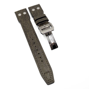 22mm Pilot Style Olive Green Ostrich Leather Watch Strap For IWC, Rivet Lug, Semi Square Tail