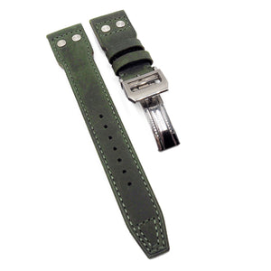 22mm Pilot Style Army Green Matte Calf Leather Watch Strap For IWC, Rivet Lug, Semi Square Tail