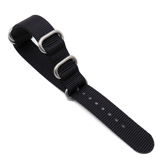 18mm, 20mm, 22mm, 24mm 5 Rings Zulu Military Style Black Nylon Watch Strap