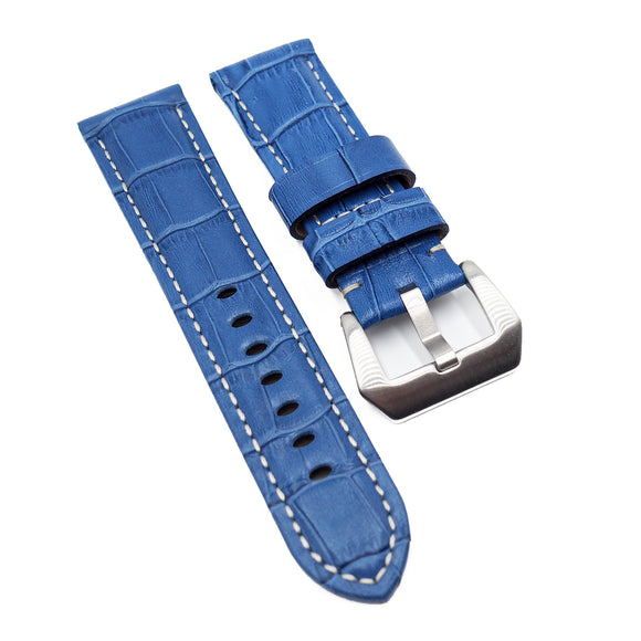 24mm Azure Blue Alligator Pattern Calf Leather Watch Strap For Panerai