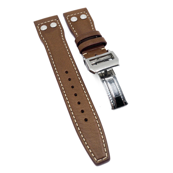 21mm Pilot Style Bark Brown Calf Leather Watch Strap For IWC, Rivet Lug, Semi Square Tail-Revival Strap
