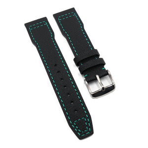 21mm Pilot Style Black Fiber Watch Strap For IWC, Aqua Blue Stitching, Semi Square Tail